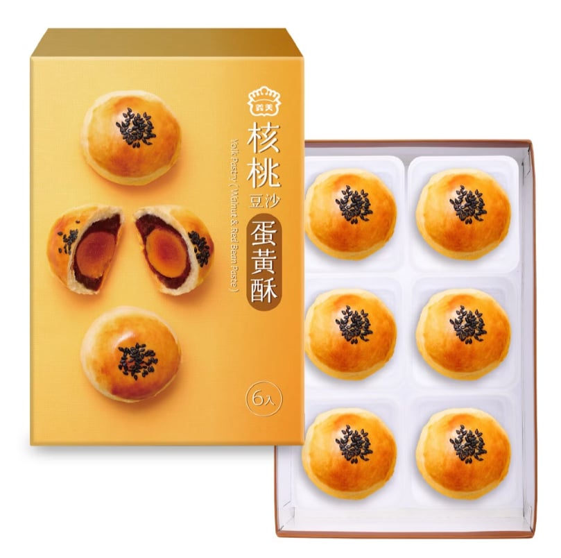 核桃豆沙蛋黃酥禮盒(6入)，產品介紹奶蛋素
酥皮/核桃豆沙蛋黃酥/60g*6入

保存期限:21天
外盒尺寸:24.9*16.7*5.3cm
淨重:360g