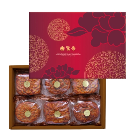 富貴廣式月餅禮盒，產品介紹葷
廣式/桂圓/175g*1入 
廣式/芋頭雙黃/175g*1入 
廣式/核桃雙黃/175g*1入
廣式/蓮蓉雙黃/200g*1入
廣式/棗泥雙黃/200g*1入
廣式/伍仁蛋黃/175g*1入

保存期限:30天
外盒尺寸:30.7*23.1*5cm
淨重:1100g