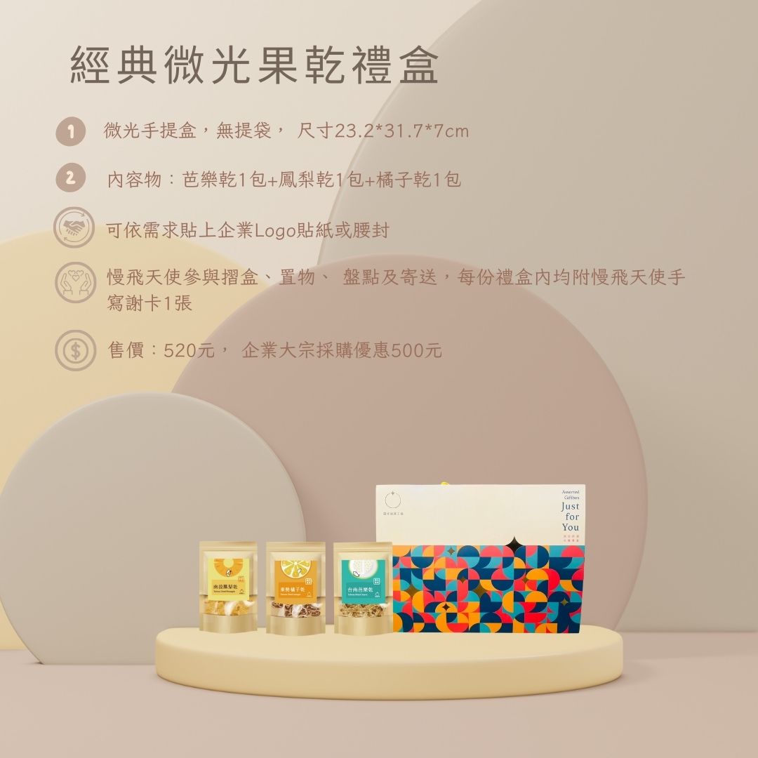 微光經典果乾禮盒/微光好物禮盒，產品介紹嚴選臺灣在地水果，目前推出三種口味：芭樂、鳳梨、橘子。
與友善環境的農家合作，堅持無添加色素及防腐劑，使用低溫烘焙，並以符合現代人養生需求的低糖技術製成。
------------------------
可以搭配其他微光優質產品，依您的需求/預算客製化禮盒！