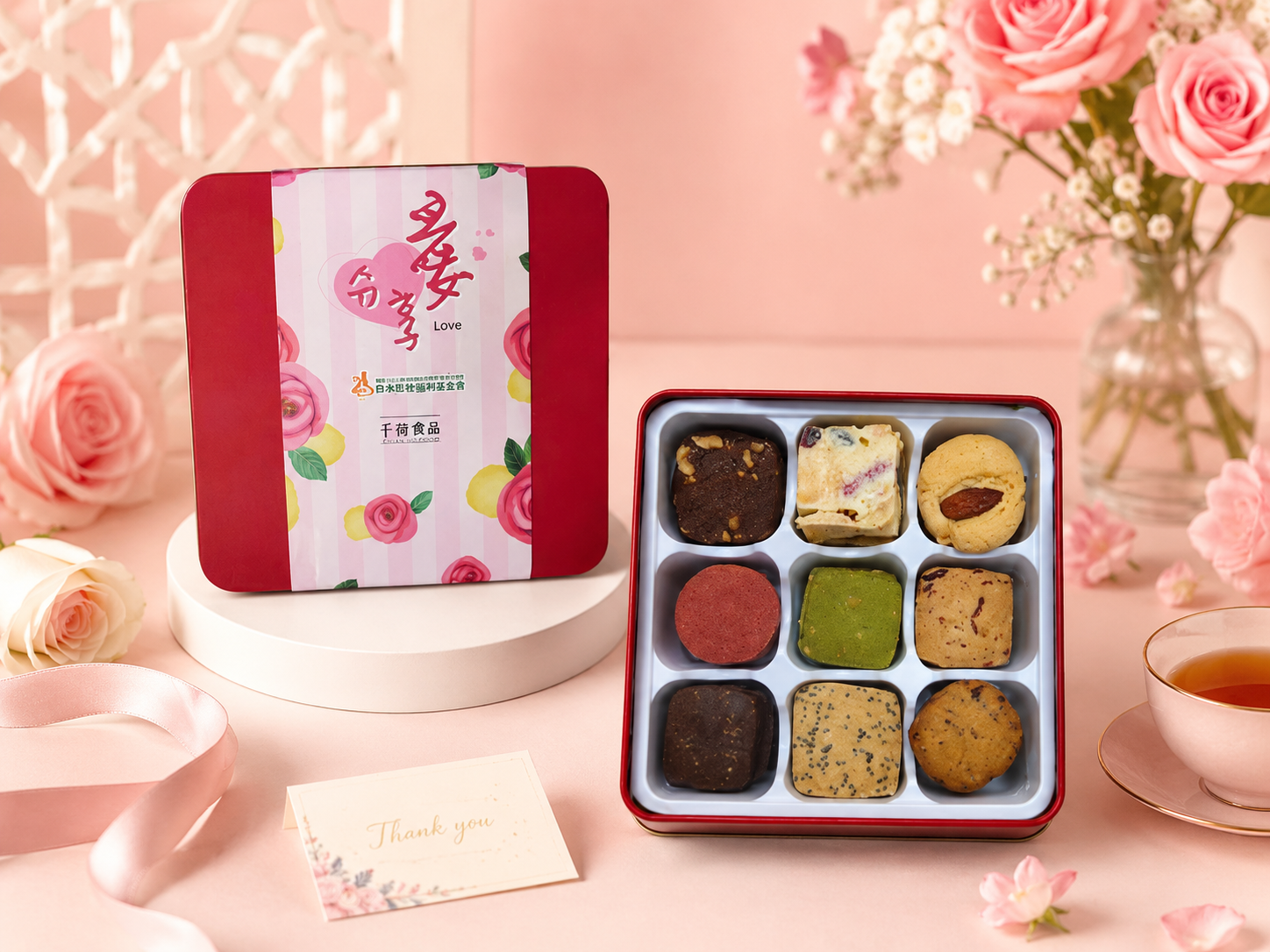 寵愛日常，產品介紹紅鐵盒禮盒，附紙袋
麥香蔓越莓小西餅*5片
巧克力杏仁小西餅*5片
抹茶小西餅*5片
咖啡核桃小西餅*5片
黑金芝麻餅乾*5片
甜菜根曲奇餅乾*5片
草莓果乾雪Q餅*3片
杏仁餅乾*3片
燕麥餅乾*3片